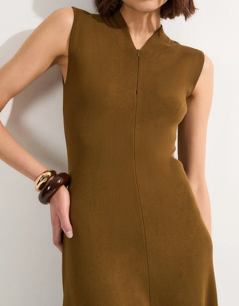 Viscose Blend Zip Front Sleeveless Knitted Midi Dress