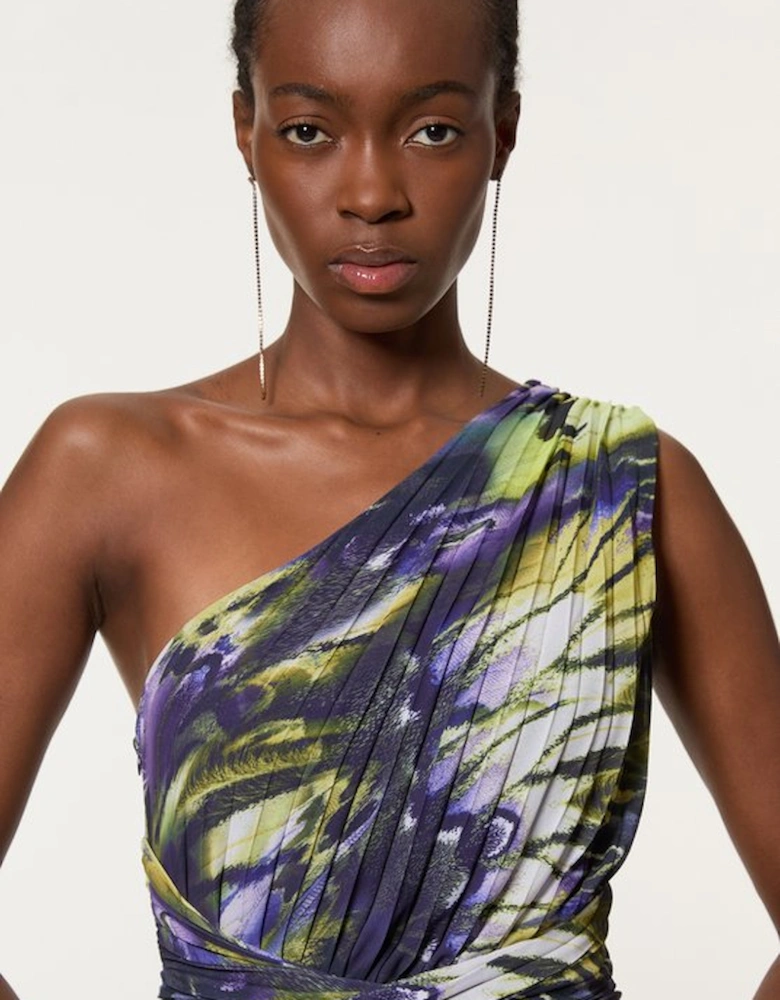 Tall Crinkle Feather Print Woven One Shoulder Midaxi Dress