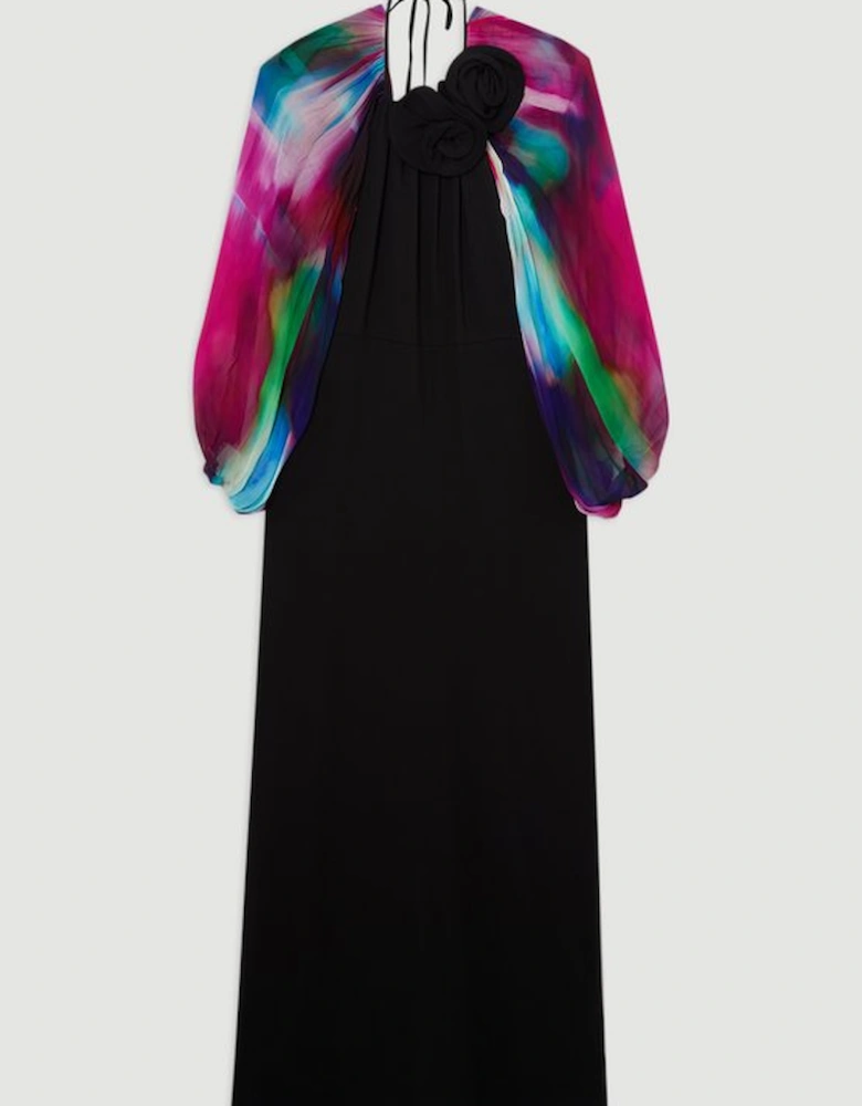 Printed Viscose Cady Cold Shoulder Maxi Dress With Viscose Georgette Cowl Back