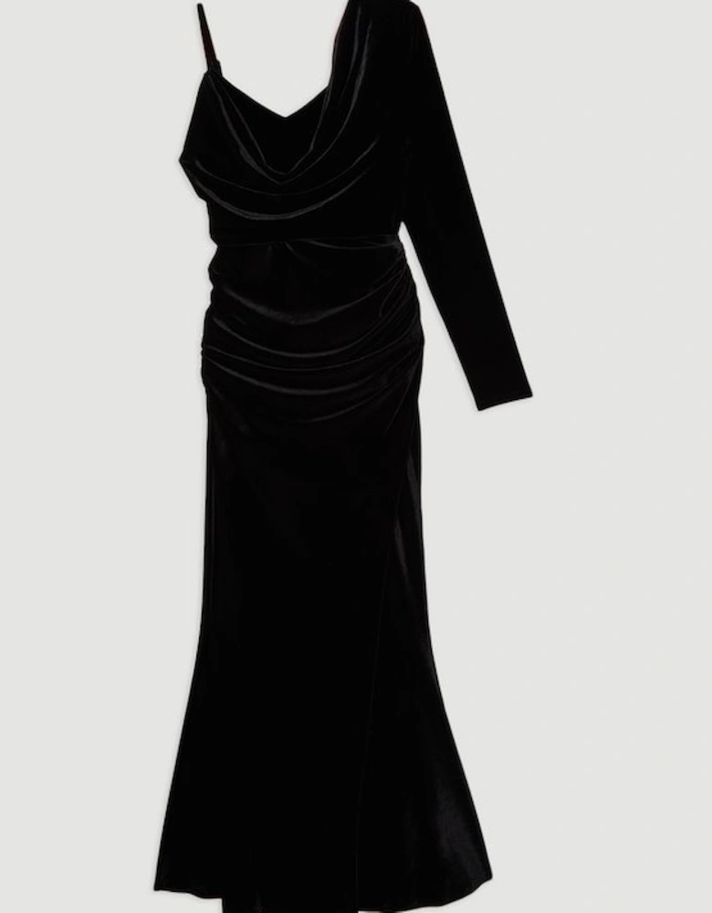 Velvet Asymmetric One Shoulder Tailored Maxi Dress