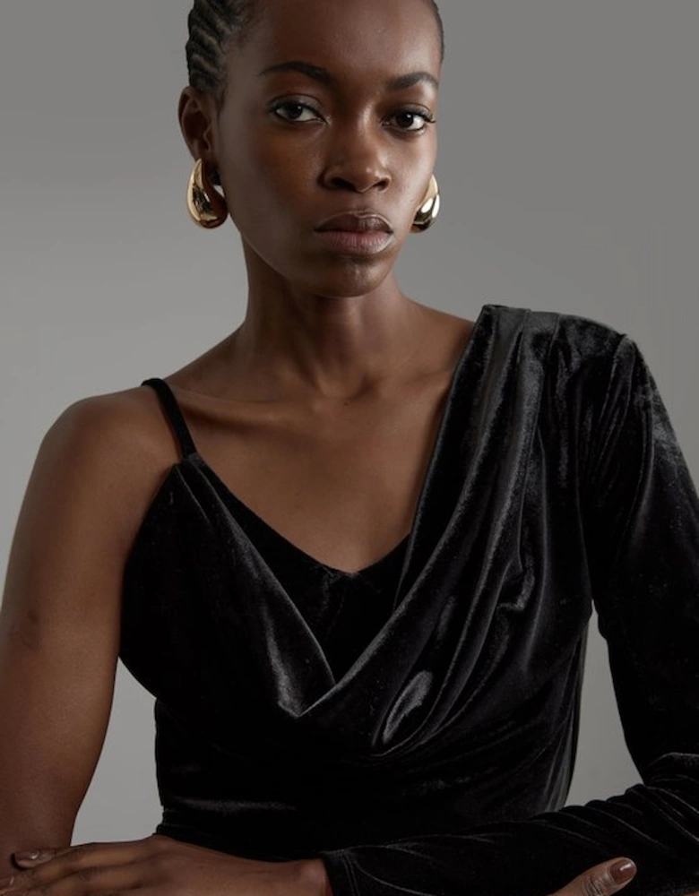 Velvet Asymmetric One Shoulder Tailored Maxi Dress