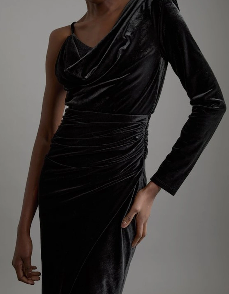 Velvet Asymmetric One Shoulder Tailored Maxi Dress