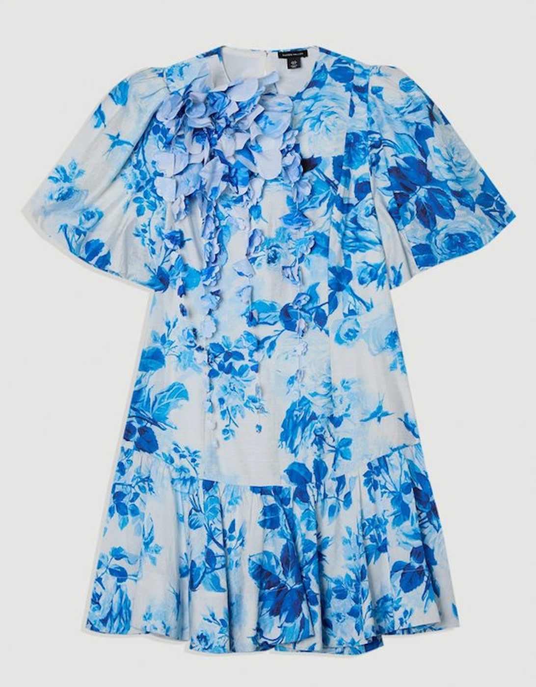 Floral Print & Applique Puff Sleeve Woven Mini Dress