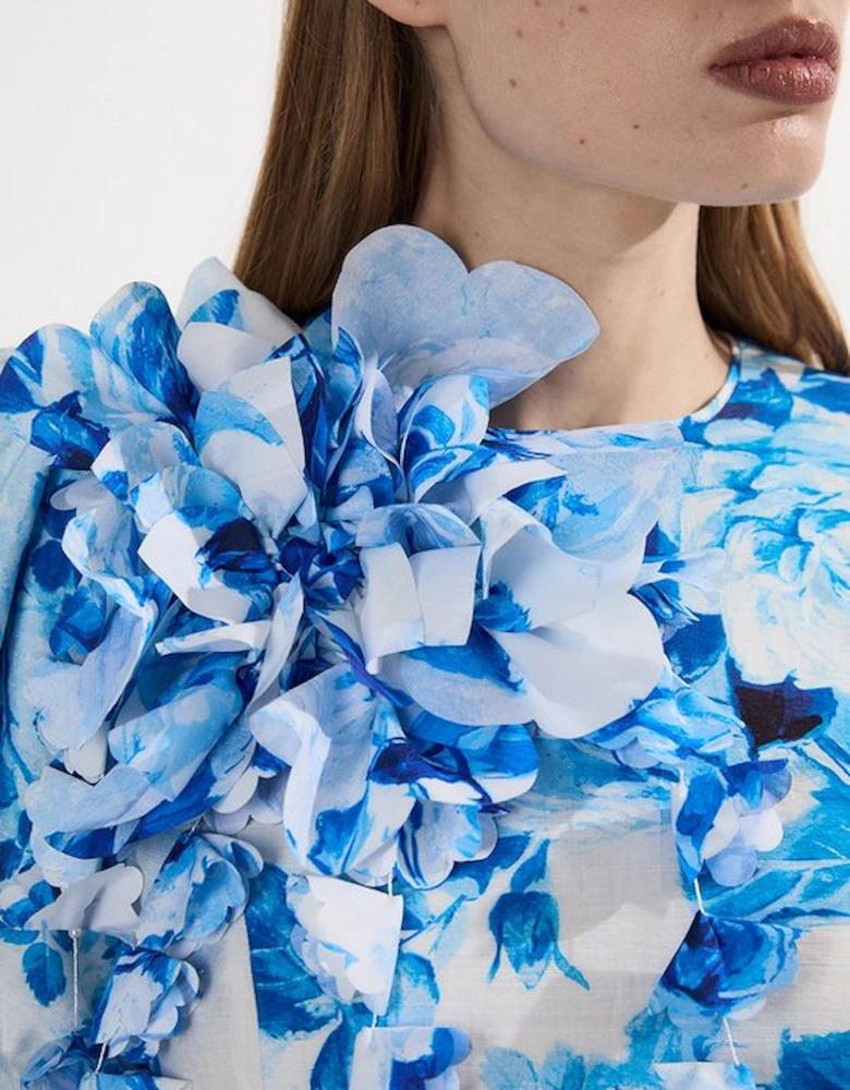 Floral Print & Applique Puff Sleeve Woven Mini Dress