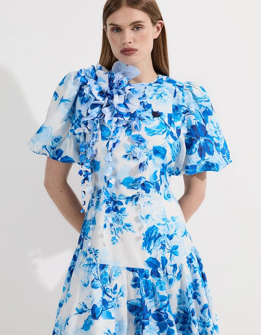 Floral Print & Applique Puff Sleeve Woven Mini Dress, 5 of 4