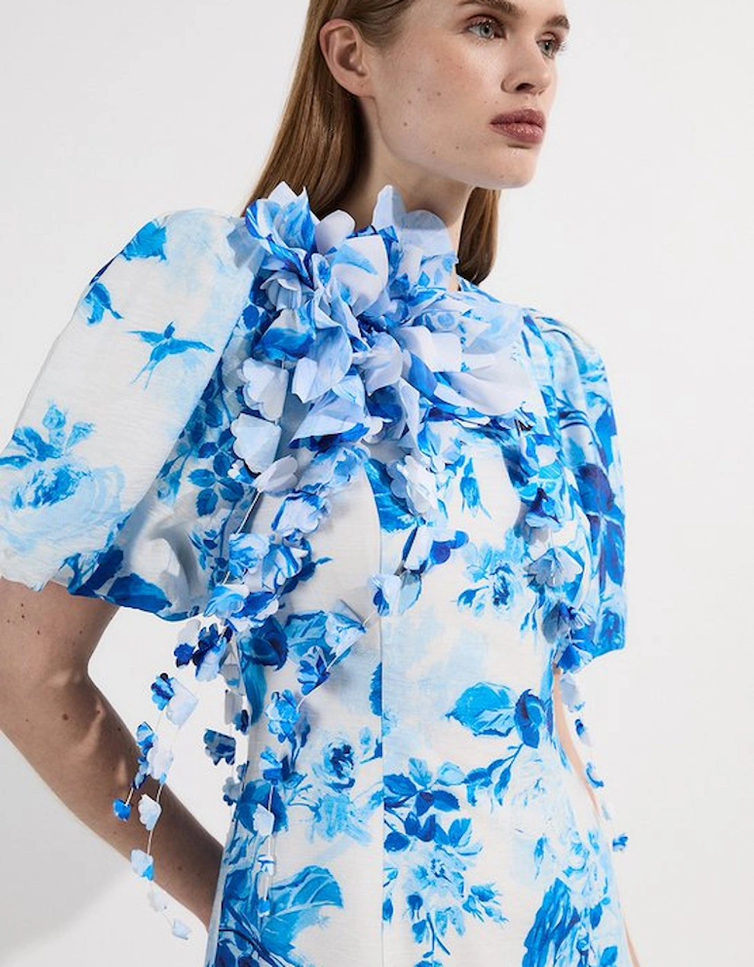 Floral Print & Applique Puff Sleeve Woven Mini Dress
