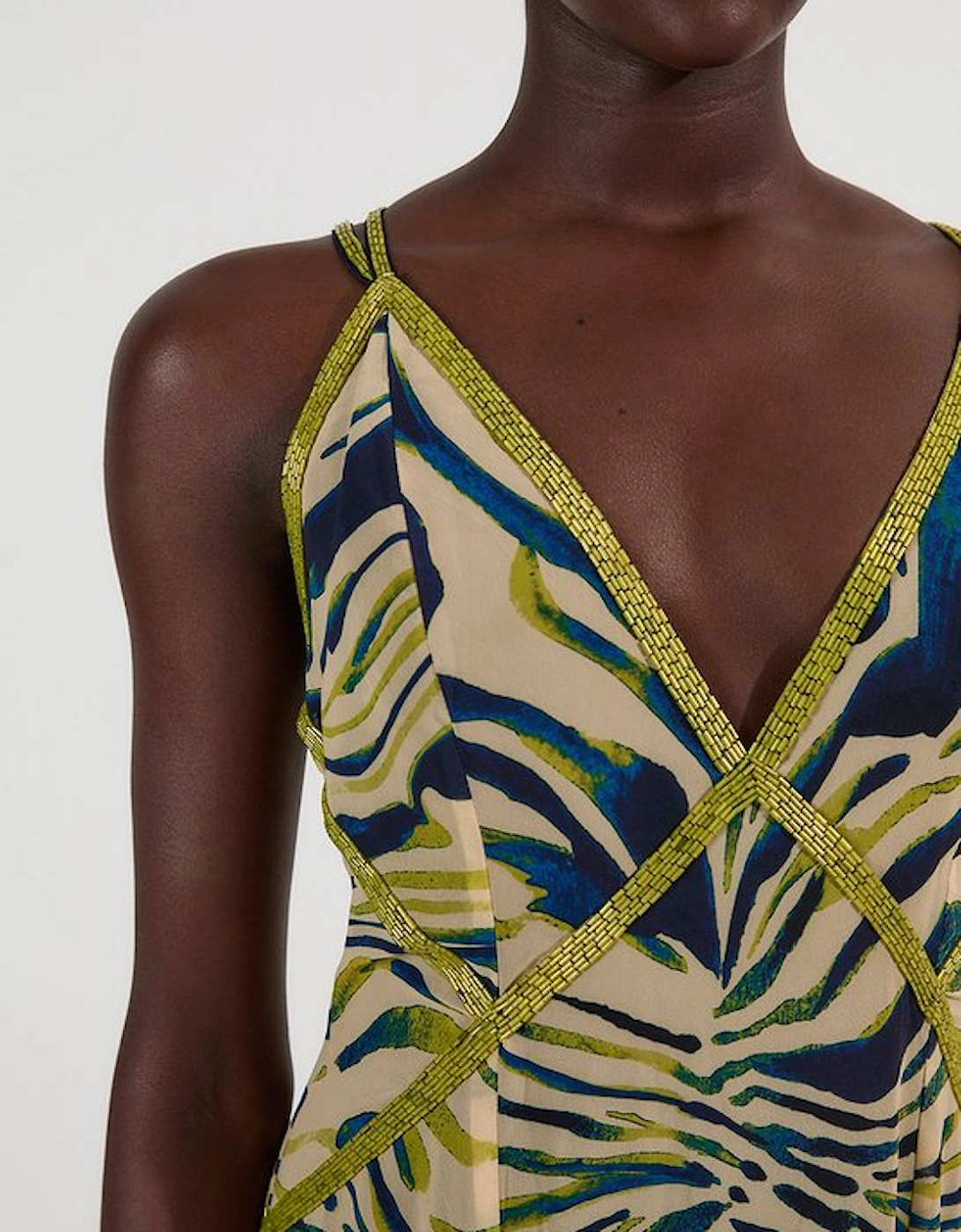 Animal Print Georgette Embellished Strappy Woven Maxi Dress