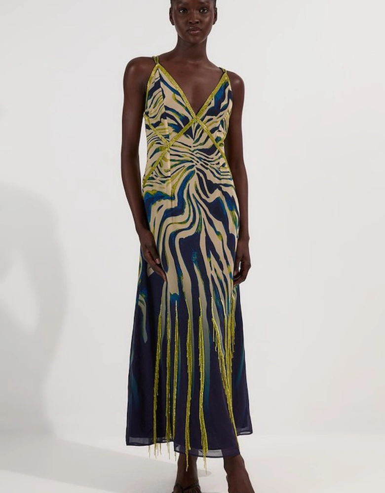 Animal Print Georgette Embellished Strappy Woven Maxi Dress