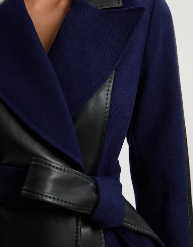 Wool PU Mix Belted Midi Coat