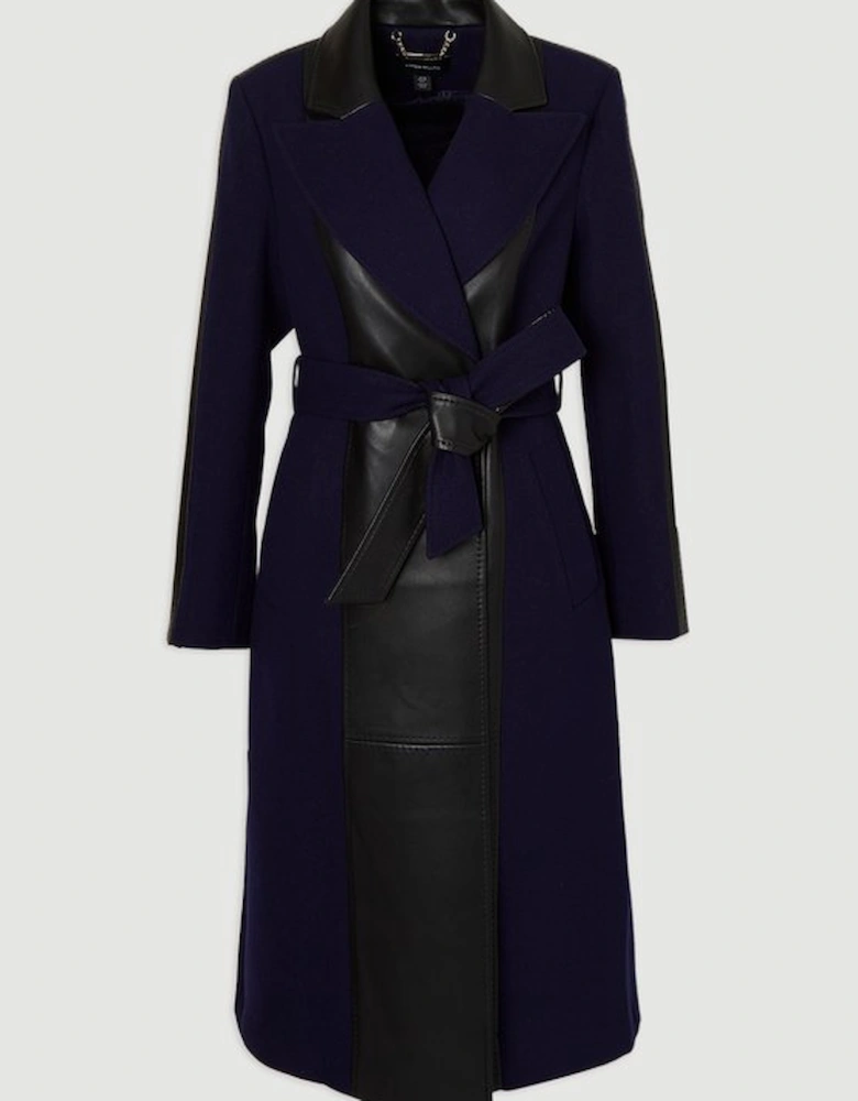 Wool PU Mix Belted Midi Coat