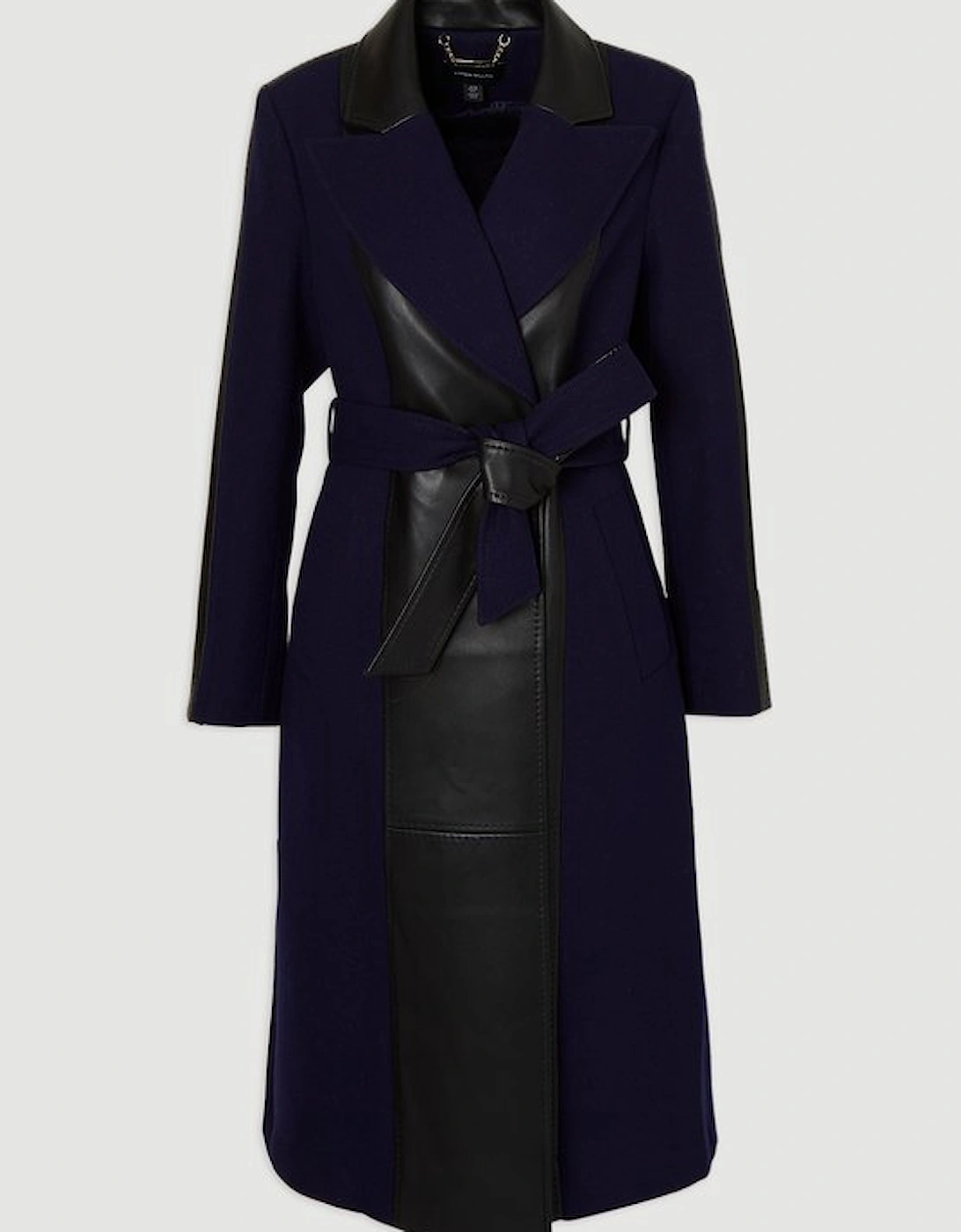 Wool PU Mix Belted Midi Coat