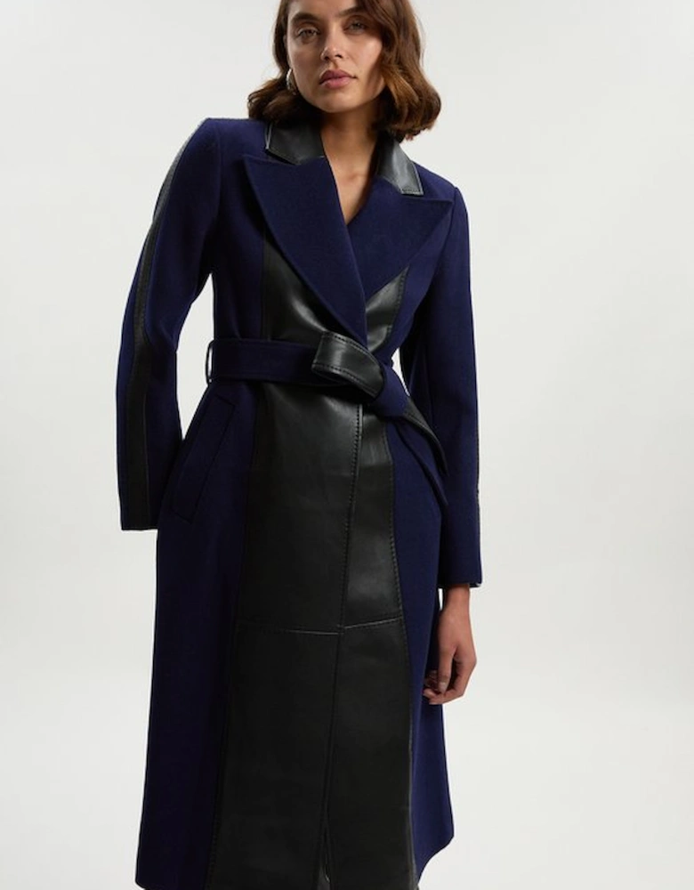 Wool PU Mix Belted Midi Coat