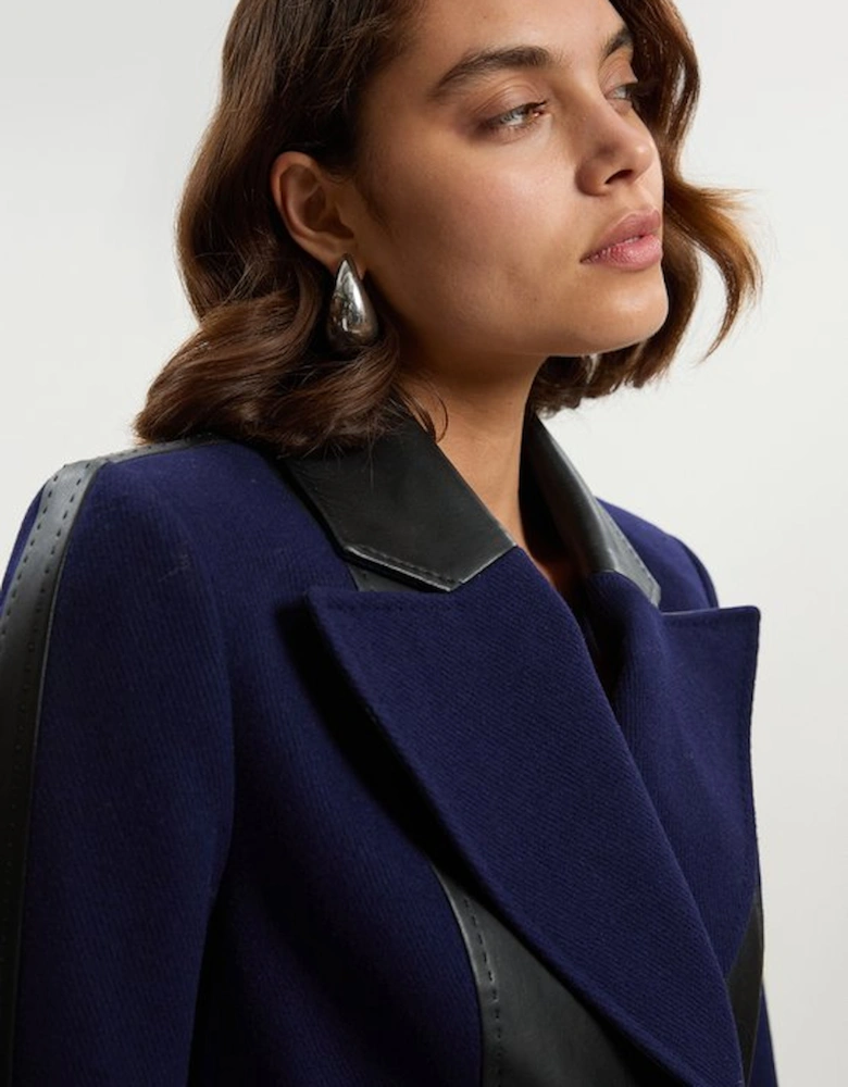 Wool PU Mix Belted Midi Coat