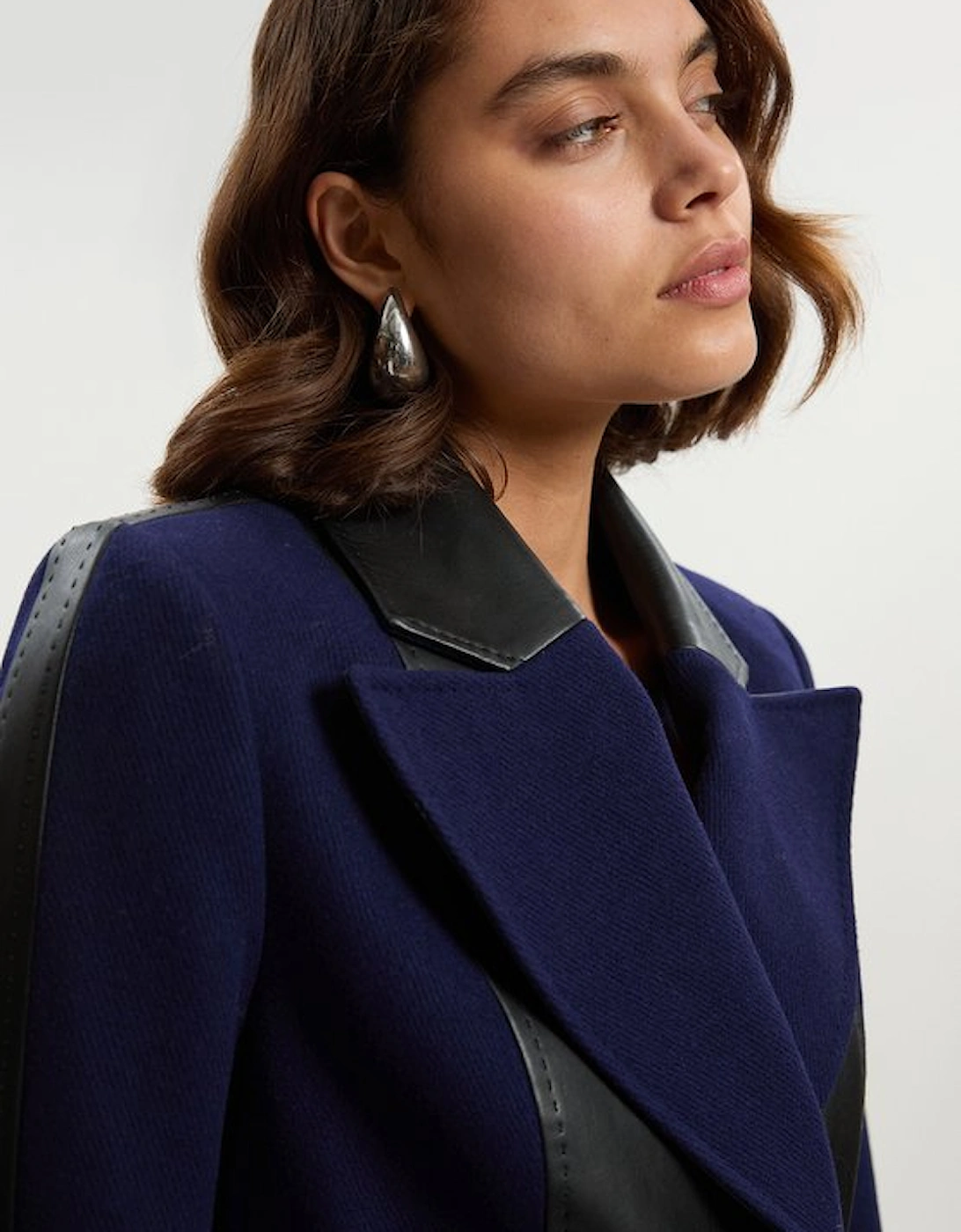 Wool PU Mix Belted Midi Coat