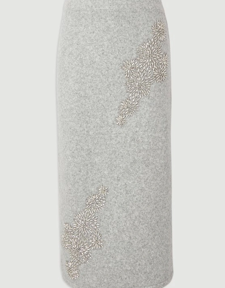 Wool Blend Embellished Cosy Pencil Midi Skirt