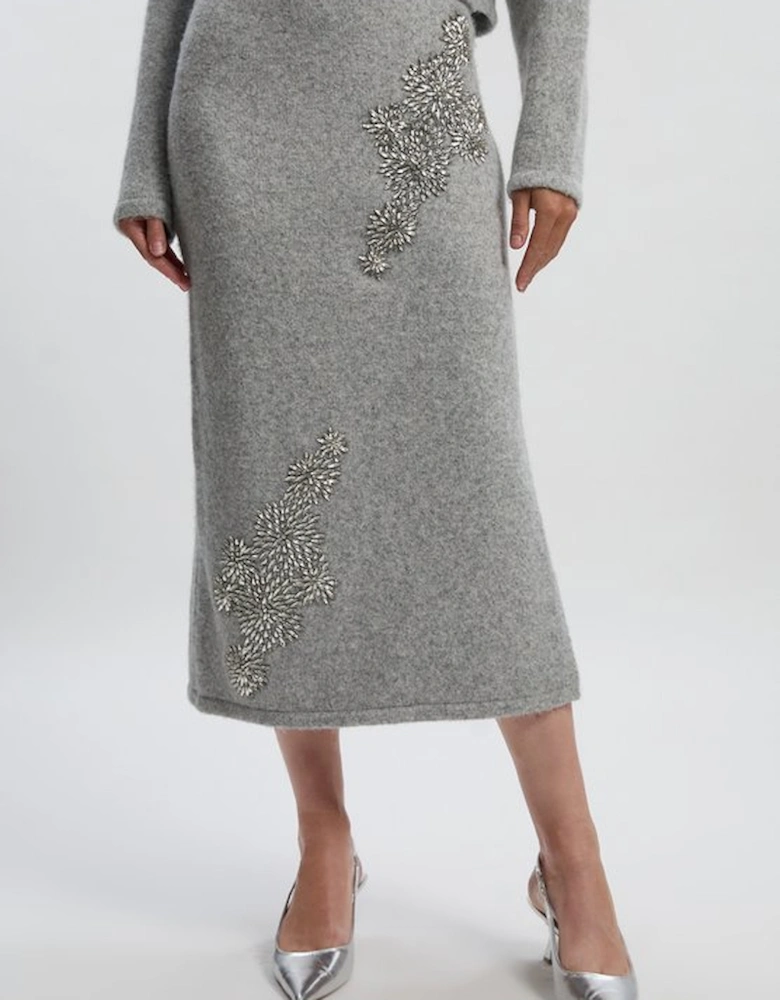Wool Blend Embellished Cosy Pencil Midi Skirt