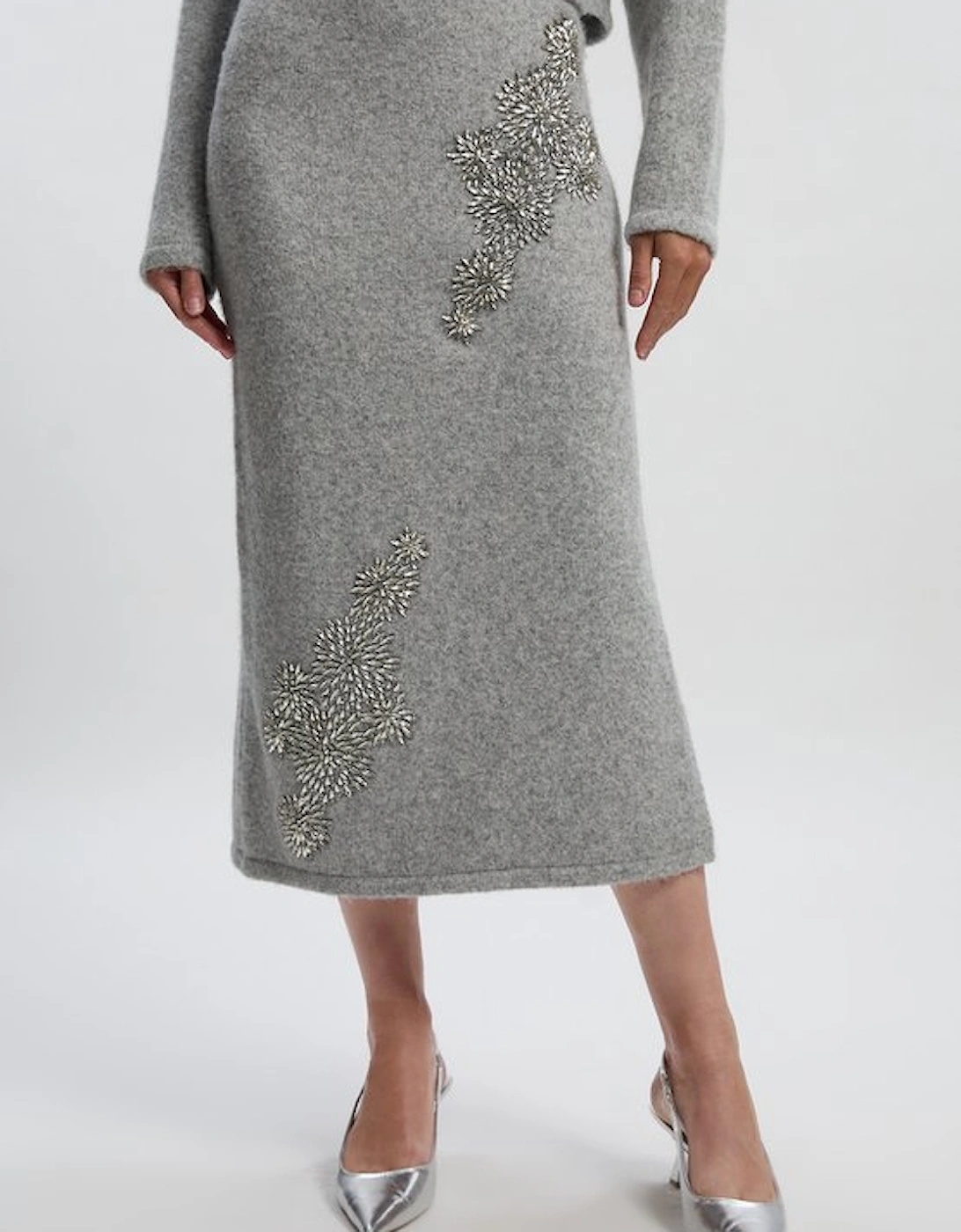 Wool Blend Embellished Cosy Pencil Midi Skirt