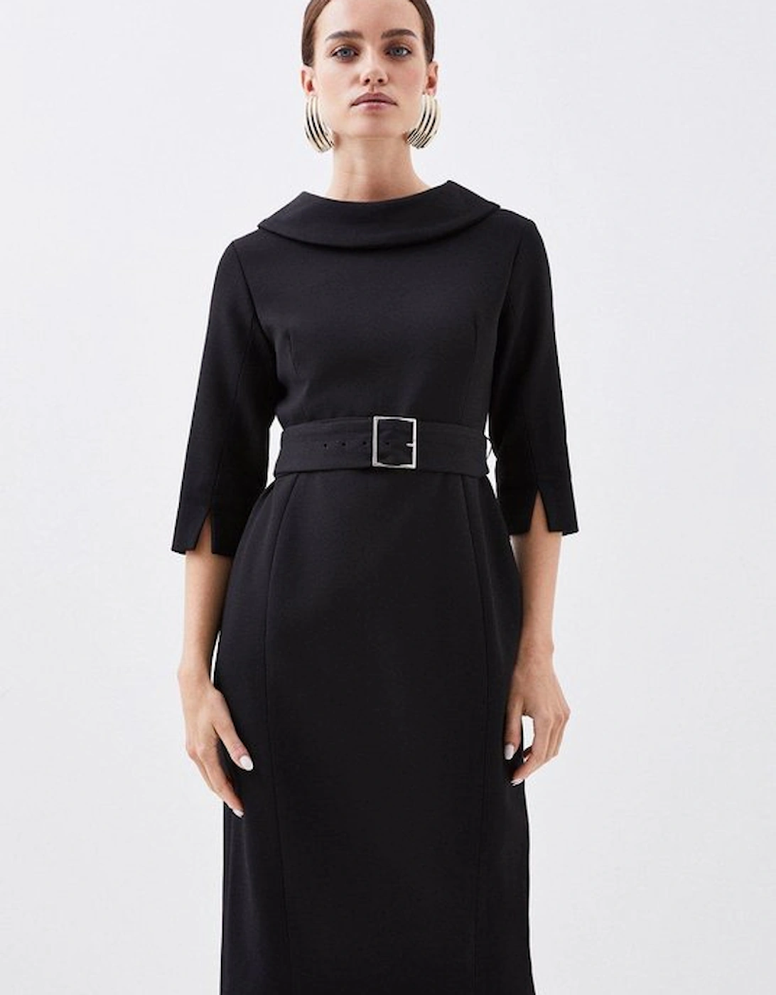 Petite Structured Crepe Roll Neck Belted Tailored Midi Dress, 4 of 3