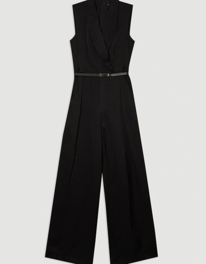 Premium Viscose Linen Tailored Belted Wide Leg Jumpsuit