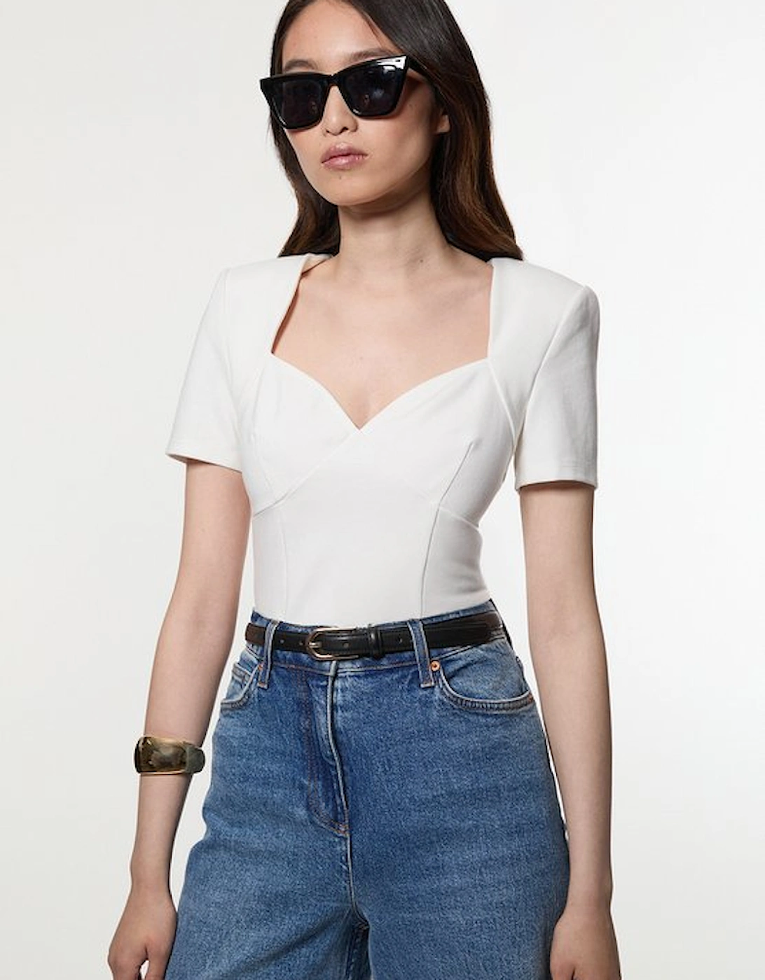 Ponte Short Sleeve Sweetheart Neckline Bodysuit, 5 of 4