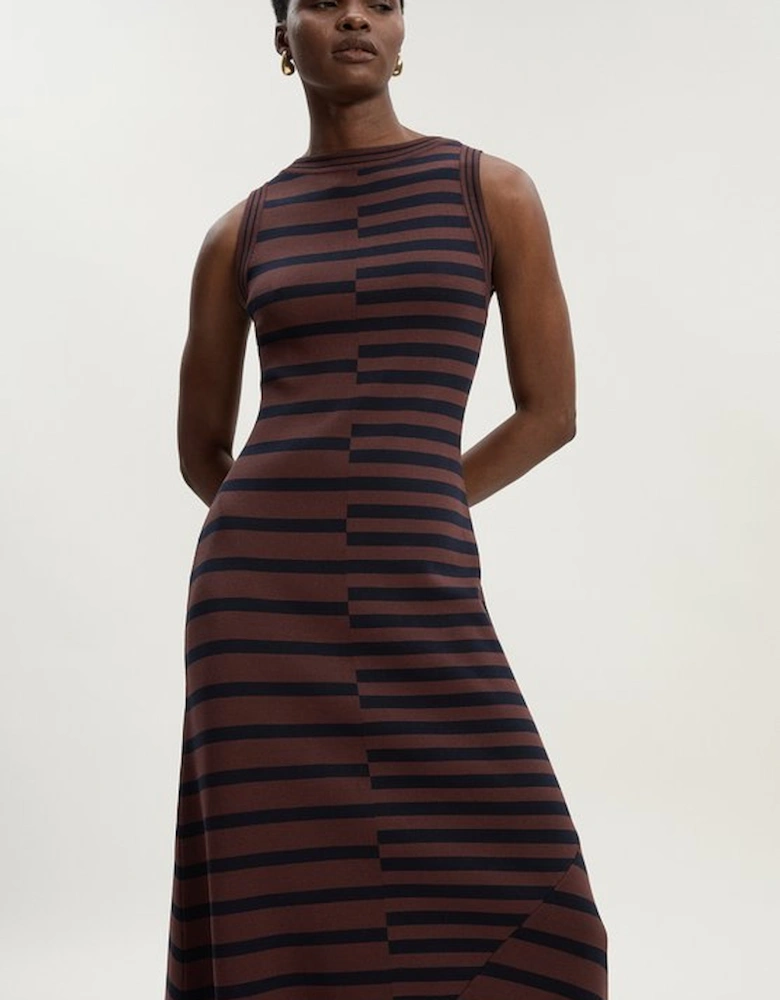 Asymmetric Hem Cut About Stripe Sleeveless Knitted Midi Dress