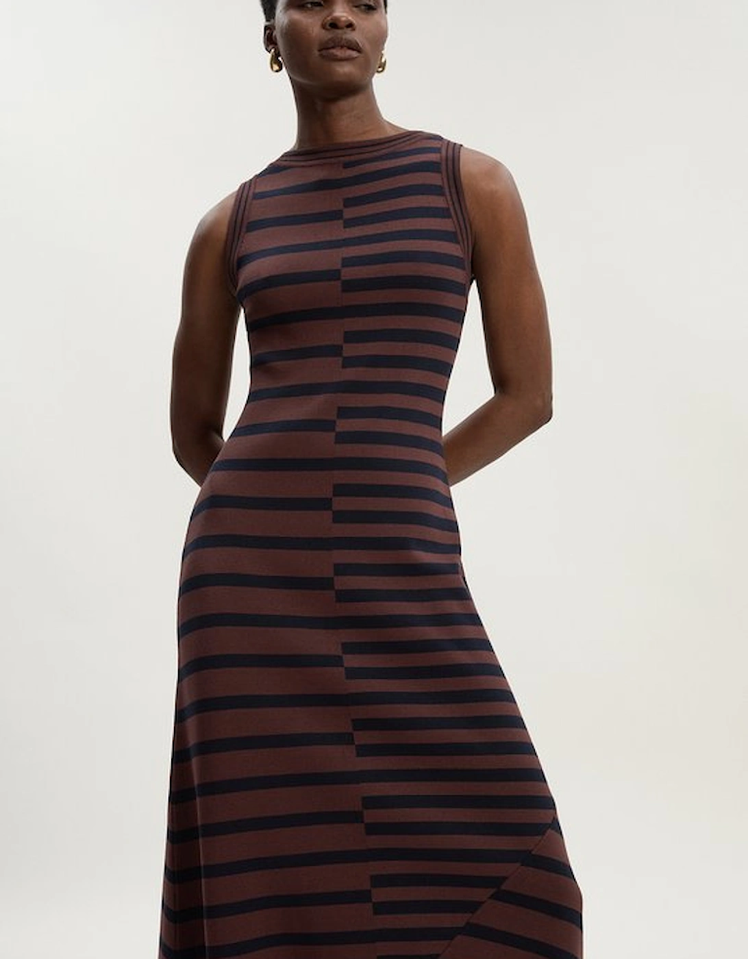Asymmetric Hem Cut About Stripe Sleeveless Knitted Midi Dress
