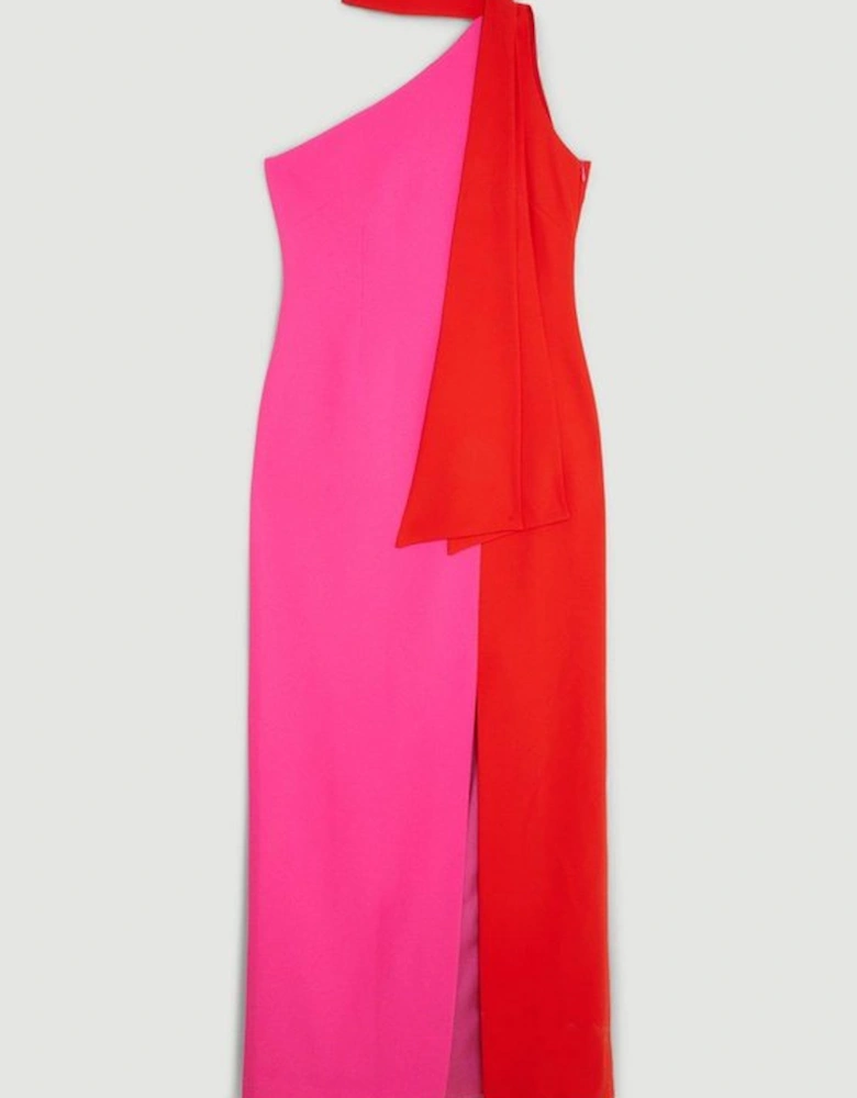 Soft Tailored Colour Block Bow Tie Neck Midi Dress