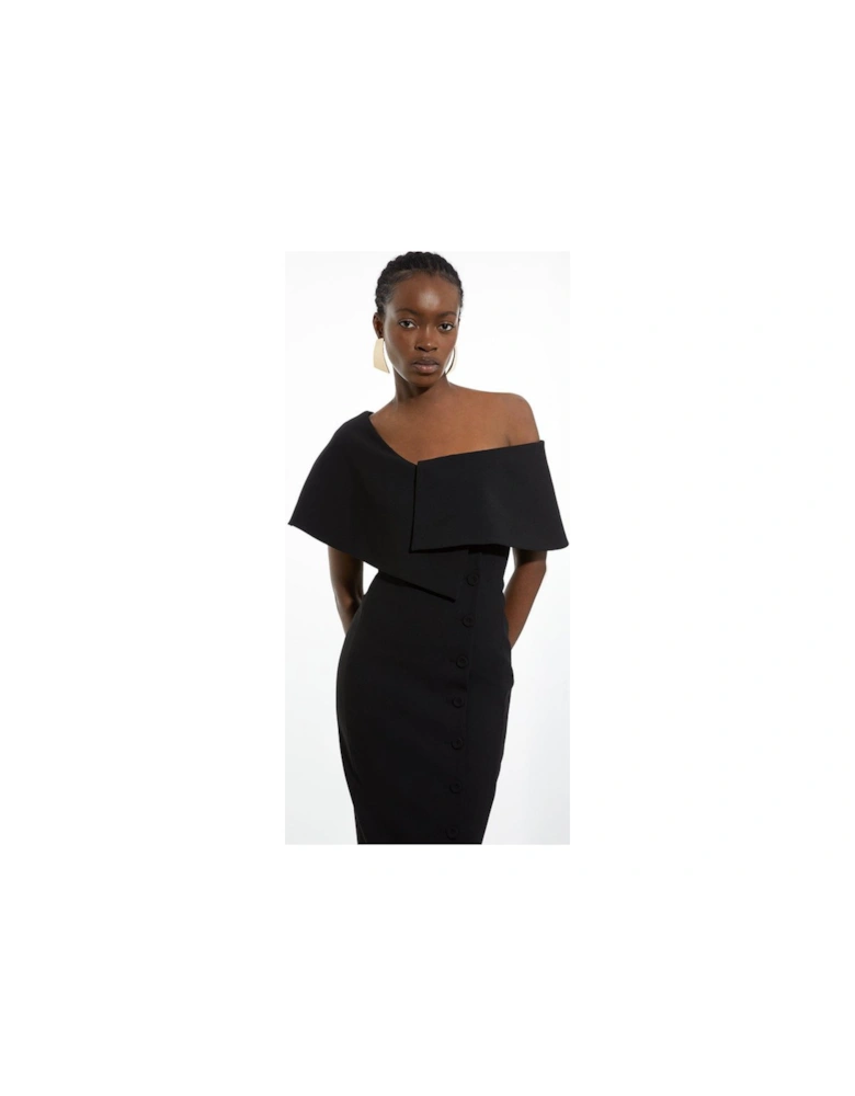 Compact Stretch Off Shoulder Button Through Tailored Midaxi Pencil Dress
