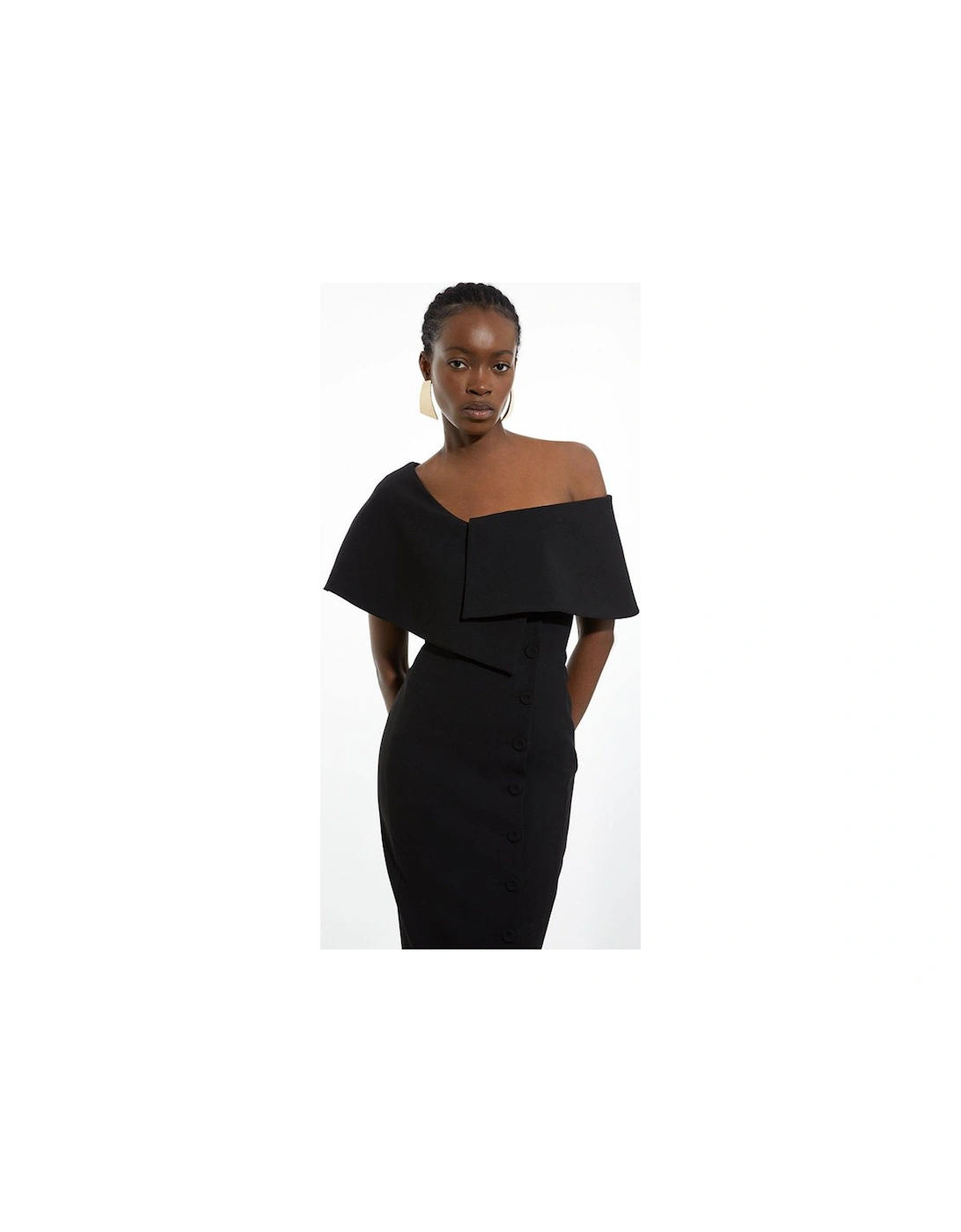 Compact Stretch Off Shoulder Button Through Tailored Midaxi Pencil Dress