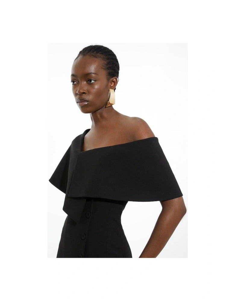 Compact Stretch Off Shoulder Button Through Tailored Midaxi Pencil Dress