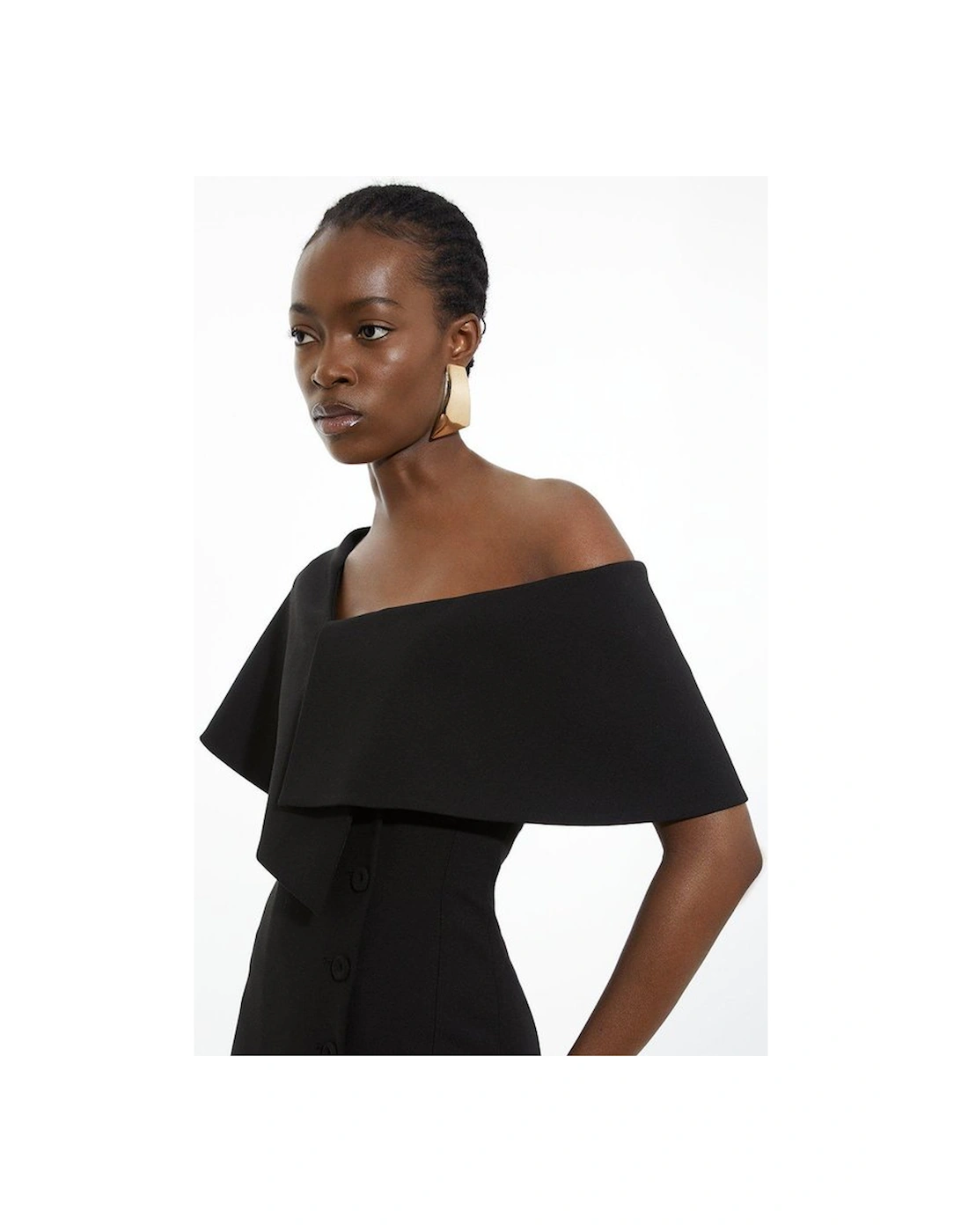 Compact Stretch Off Shoulder Button Through Tailored Midaxi Pencil Dress