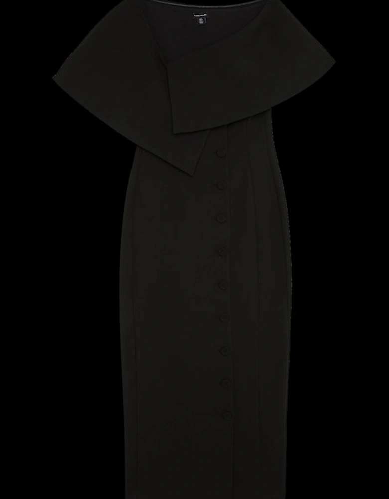 Compact Stretch Off Shoulder Button Through Tailored Midaxi Pencil Dress