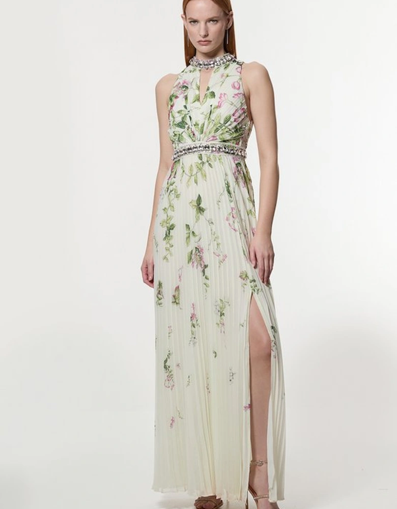 Floral Halter Diamante Enamel Trim Woven Pleated Split Maxi Dress