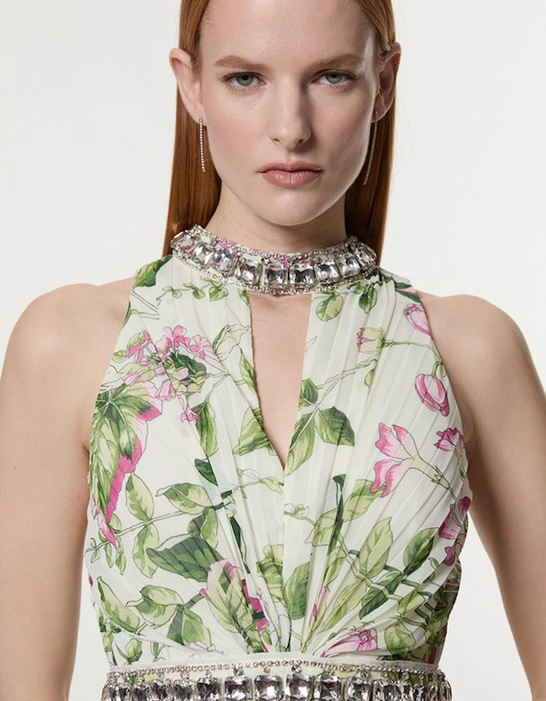 Floral Halter Diamante Enamel Trim Woven Pleated Split Maxi Dress