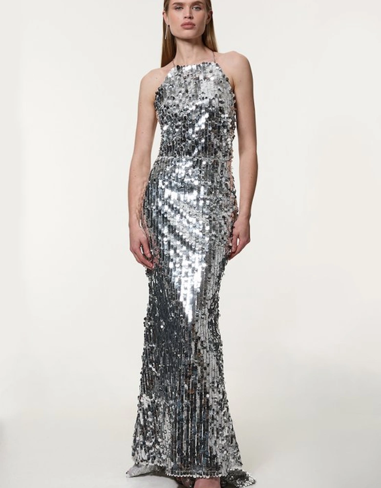 Petite Sequin Fishtail Halterneck Maxi