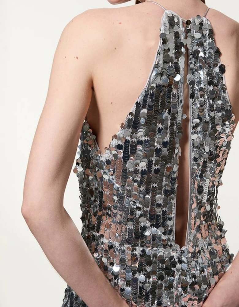 Petite Sequin Fishtail Halterneck Maxi