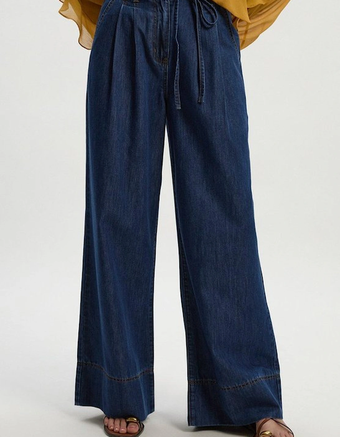 Petite Denim Tie Waist Wide Leg Tailored Trouser