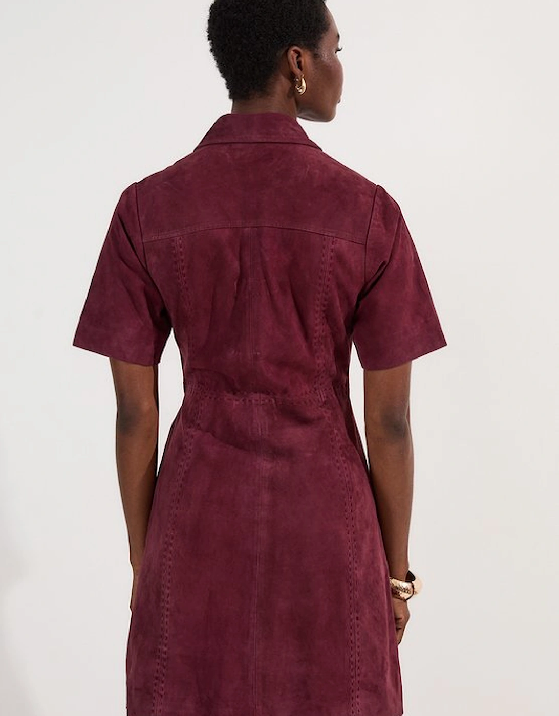 Suede Stab Stitch Button Mini Dress