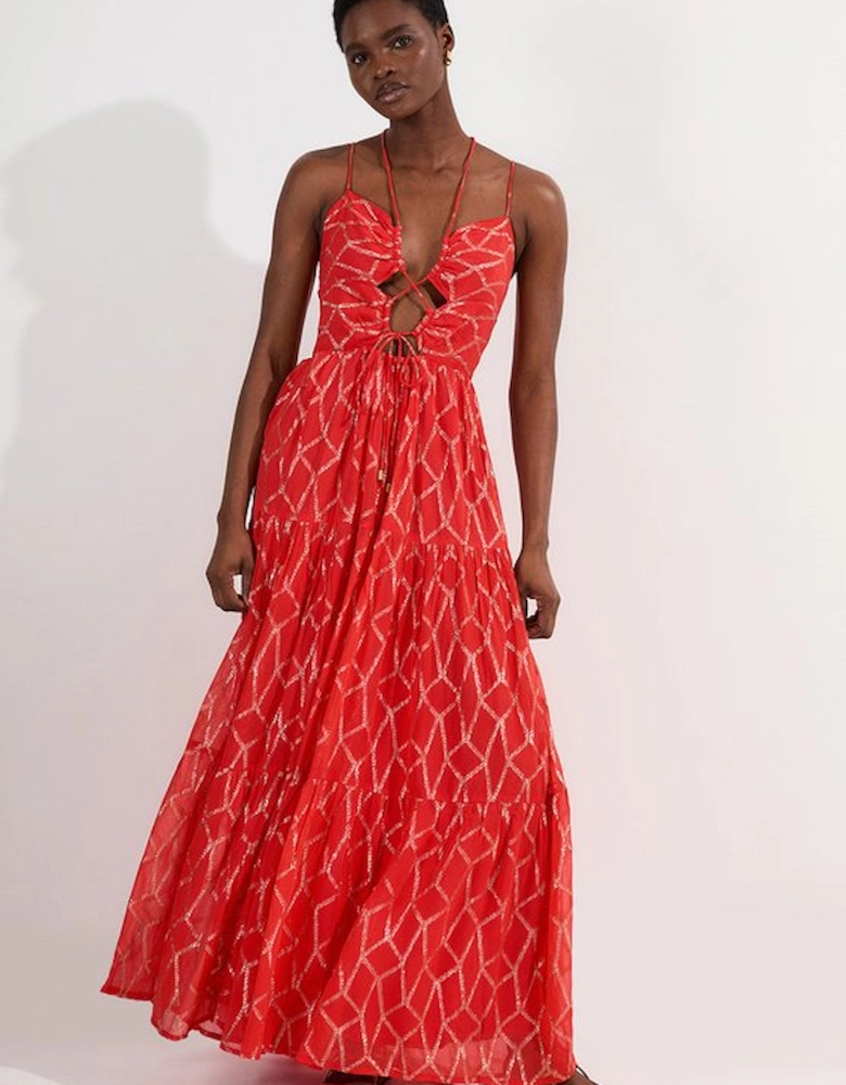 Viscose Sparkle Tie Detail Tiered Skirt Woven Maxi Dress