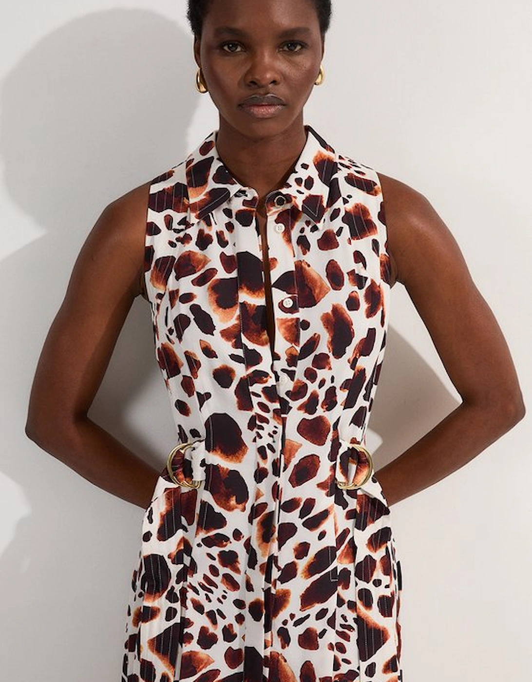 Premium Viscose Linen Topstitch Halter Neck Woven Midi Dress With D Ring Detail