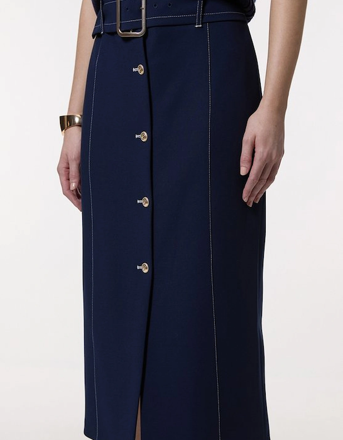Compact Stretch Tailored Belted Pencil Midi Skirt