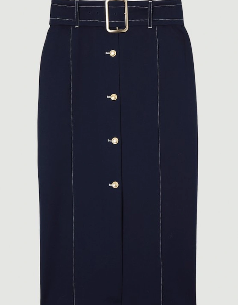 Compact Stretch Tailored Belted Pencil Midi Skirt