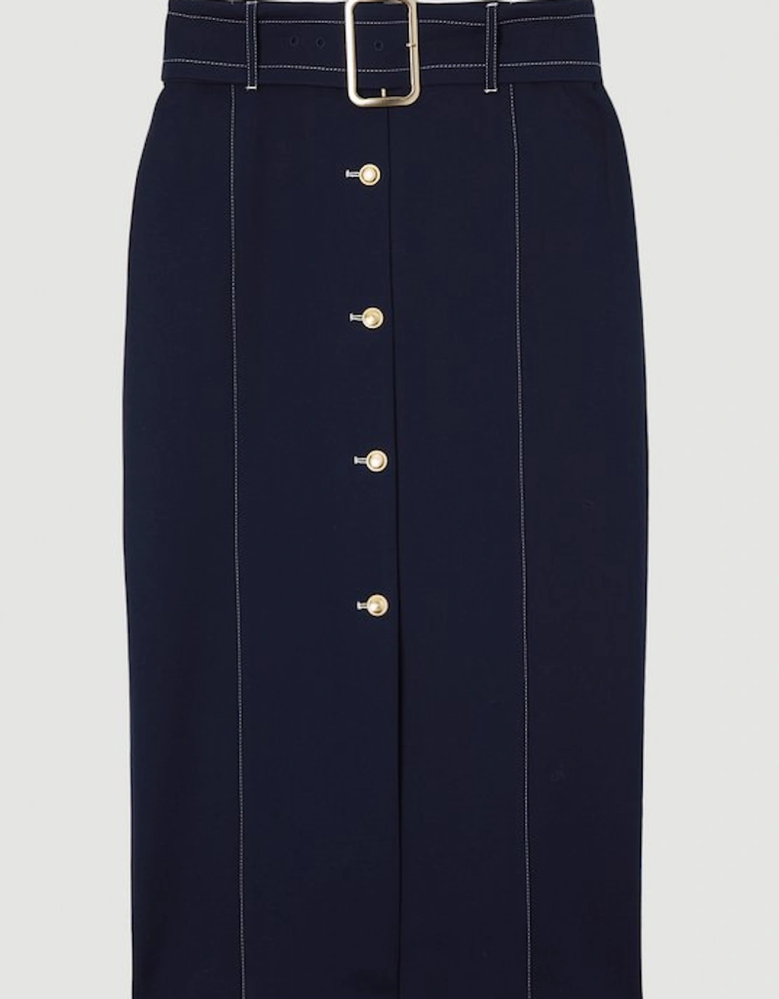 Compact Stretch Tailored Belted Pencil Midi Skirt