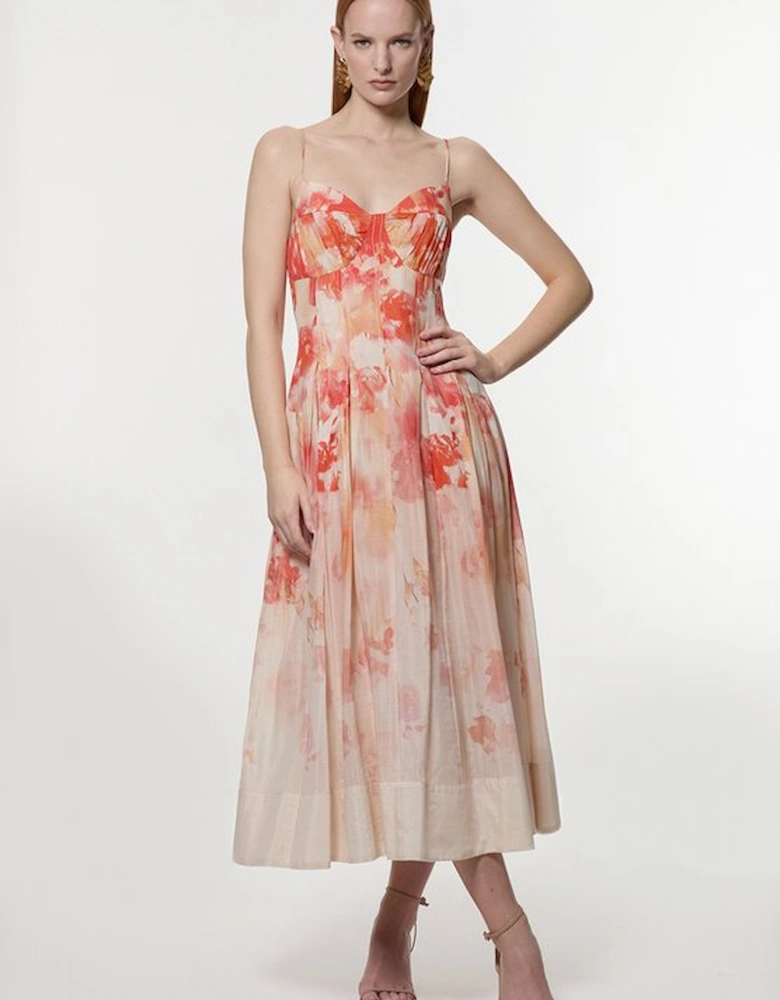 Silk Cotton Trailing Floral Strappy Midi Dress