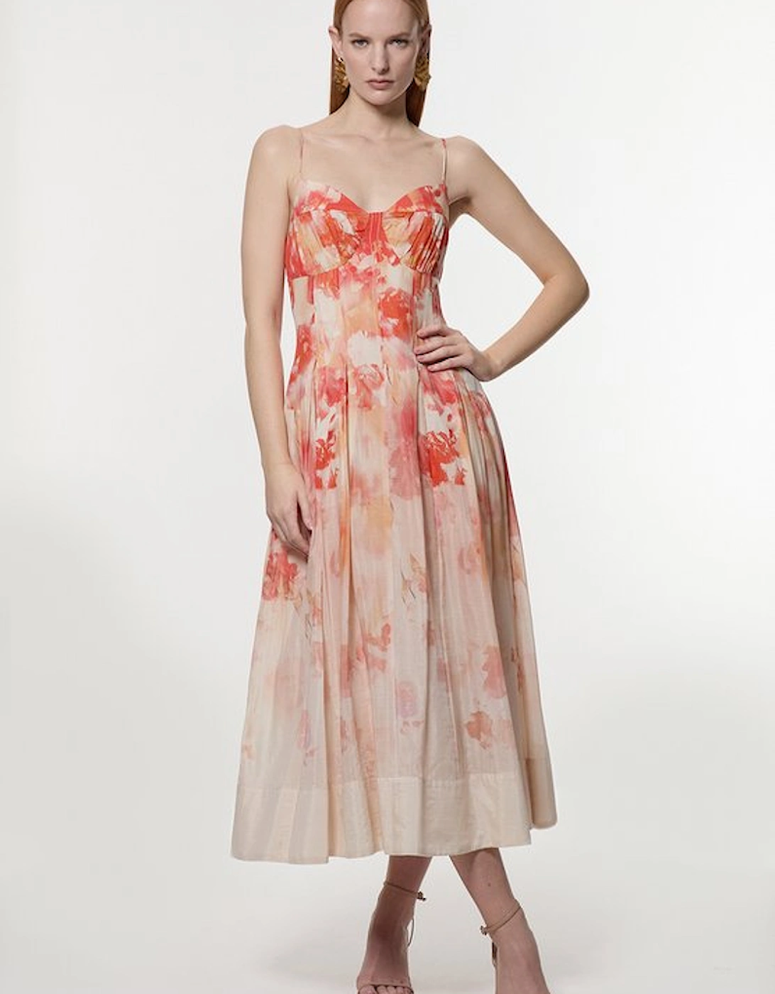 Silk Cotton Trailing Floral Strappy Midi Dress