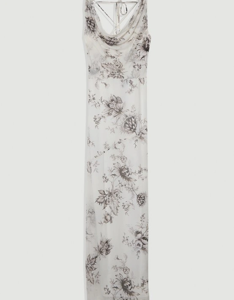 Sheer Viscose Georgette Sketchy Floral Deep V Woven Halter Neck Dress