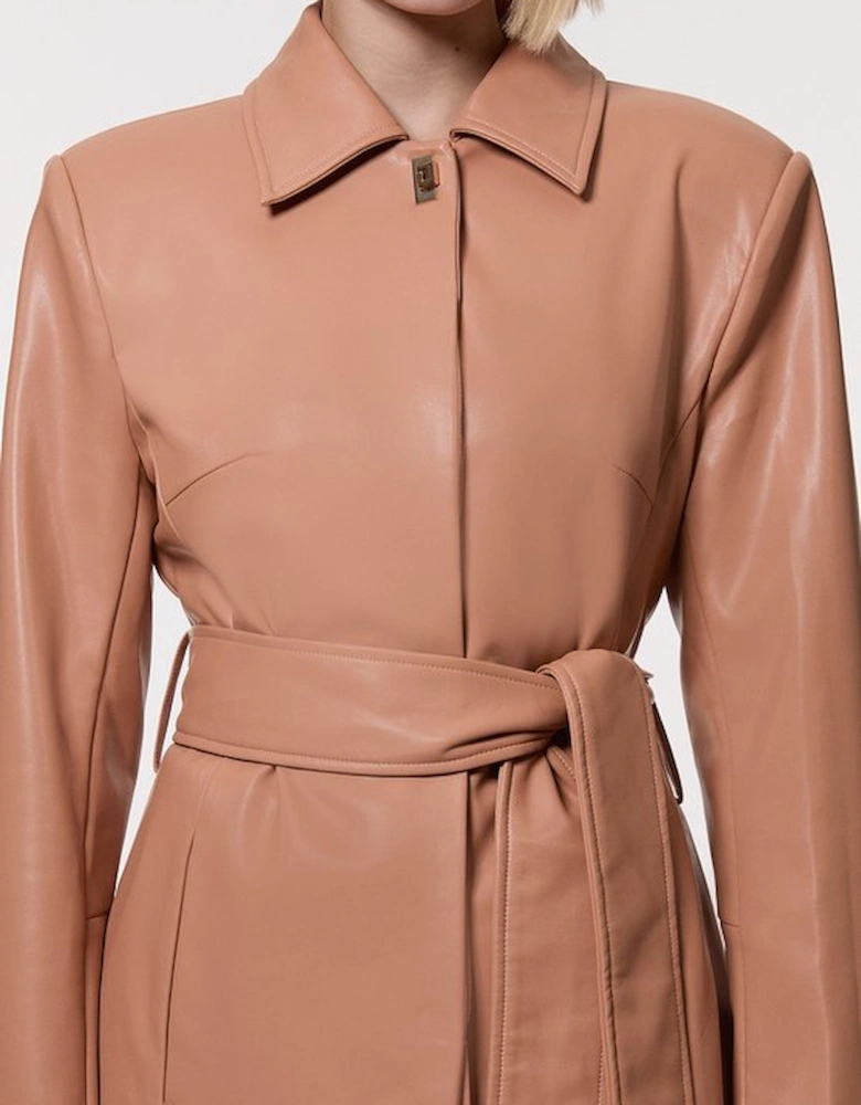 Faux Leather Clasp Detail Clean Tailored Trench Coat