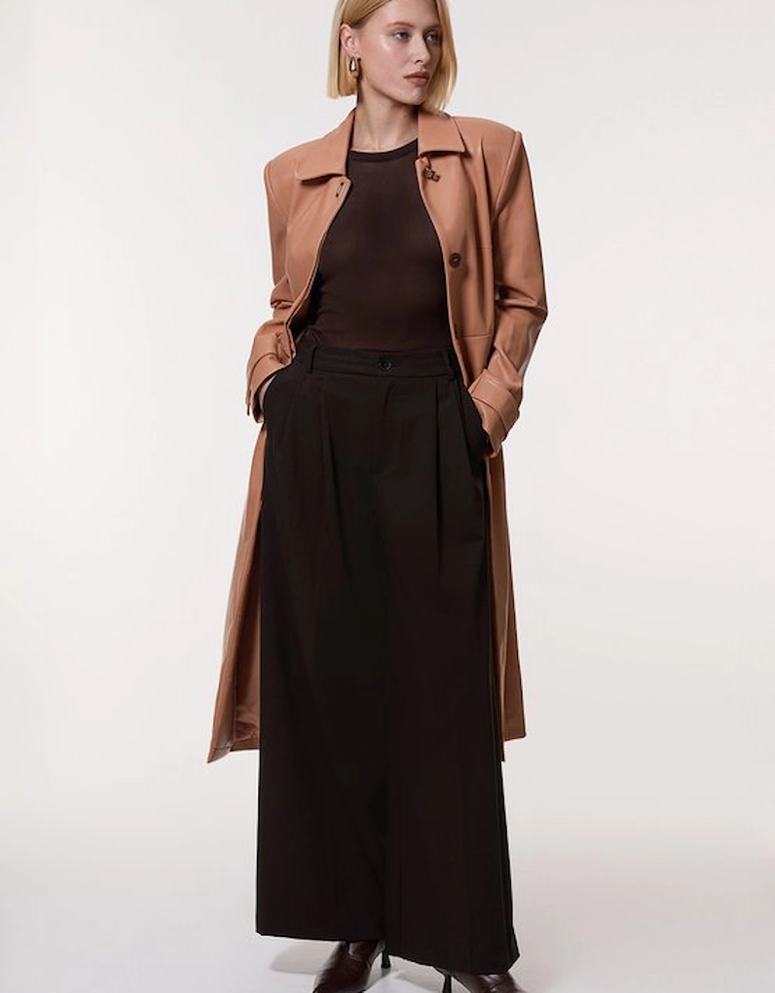 Faux Leather Clasp Detail Clean Tailored Trench Coat, 5 of 4