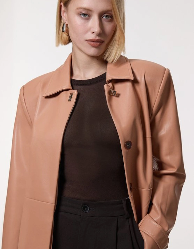Faux Leather Clasp Detail Clean Tailored Trench Coat