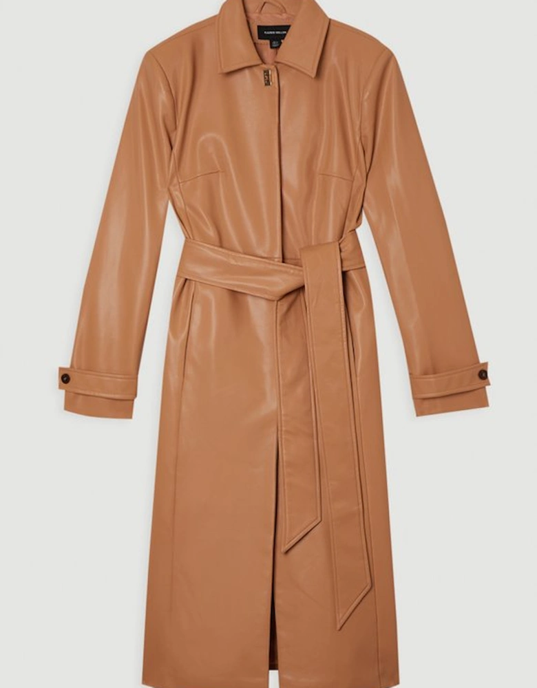 Faux Leather Clasp Detail Clean Tailored Trench Coat
